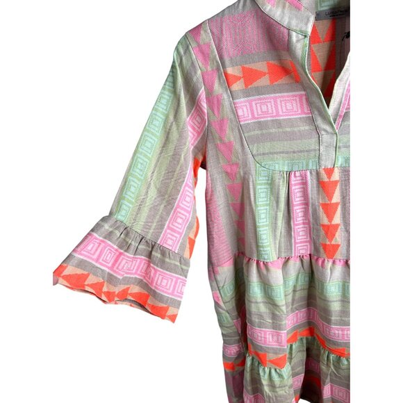 Anthropologie Luisa Perla Tiered Split Neck Bell Slevee Aztec Tribal Dress Small - Picture 13 of 16